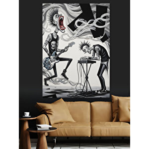 Gitar Çalan İskeletler Siyah Dekoratif Kanvas - Mdf Ahşap Tablo 35x50 cm