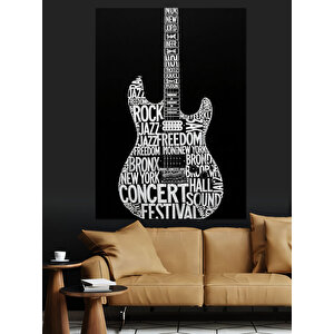 Yazılardan Oluşan Gitar Resmi Dekoratif Kanvas - Mdf Ahşap Tablo 35x50 cm