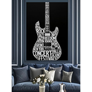 Yazılardan Oluşan Gitar Resmi Dekoratif Kanvas - Mdf Ahşap Tablo 35x50 cm