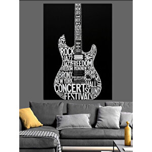 Yazılardan Oluşan Gitar Resmi Dekoratif Kanvas - Mdf Ahşap Tablo 35x50 cm