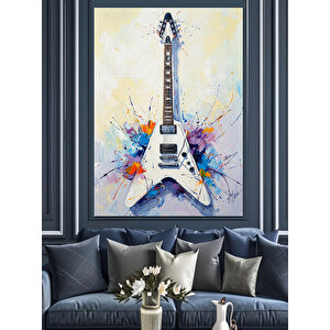 Beyaz Elektro Gitar Çizimi Dekoratif Kanvas - Mdf Ahşap Tablo 50x70 cm