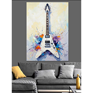 Beyaz Elektro Gitar Çizimi Dekoratif Kanvas - Mdf Ahşap Tablo 50x70 cm