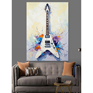 Beyaz Elektro Gitar Çizimi Dekoratif Kanvas - Mdf Ahşap Tablo 50x70 cm