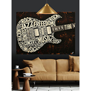 Gitar Şekilli Müzik Yazıları Dekoratif Kanvas - Mdf Ahşap Tablo 100x140 cm