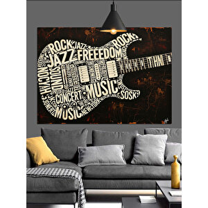Gitar Şekilli Müzik Yazıları Dekoratif Kanvas - Mdf Ahşap Tablo 100x140 cm