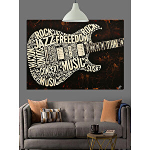 Gitar Şekilli Müzik Yazıları Dekoratif Kanvas - Mdf Ahşap Tablo 100x140 cm