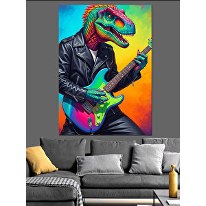 Gitar Çalan Dinozor Resmi Dekoratif Kanvas - Mdf Ahşap Tablo 35x50 cm