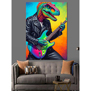 Gitar Çalan Dinozor Resmi Dekoratif Kanvas - Mdf Ahşap Tablo 35x50 cm
