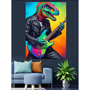 Gitar Çalan Dinozor Resmi Dekoratif Kanvas - Mdf Ahşap Tablo 35x50 cm