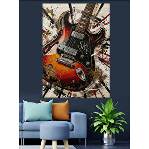 Renkli Elektro Gitar Çizimi Dekoratif Kanvas - Mdf Ahşap Tablo 25x35 cm