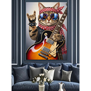 Gitar Çalan Gözlüklü Kedi Dekoratif Kanvas - Mdf Ahşap Tablo 35x50 cm