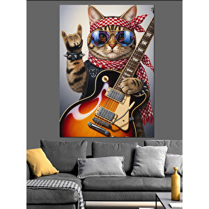 Gitar Çalan Gözlüklü Kedi Dekoratif Kanvas - Mdf Ahşap Tablo 35x50 cm