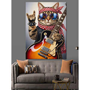Gitar Çalan Gözlüklü Kedi Dekoratif Kanvas - Mdf Ahşap Tablo 35x50 cm
