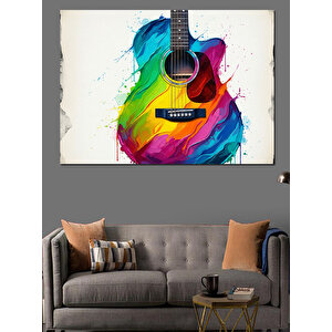 Gökkuşağı Renkli Gitar Suluboya Dekoratif Kanvas - Mdf Ahşap Tablo 35x50 cm