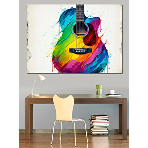 Gökkuşağı Renkli Gitar Suluboya Dekoratif Kanvas - Mdf Ahşap Tablo 35x50 cm