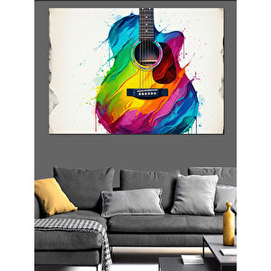Gökkuşağı Renkli Gitar Suluboya Dekoratif Kanvas - Mdf Ahşap Tablo 35x50 cm