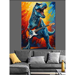 Gitar Çalan Mavi Dinozor Dekoratif Kanvas - Mdf Ahşap Tablo 70x100 cm