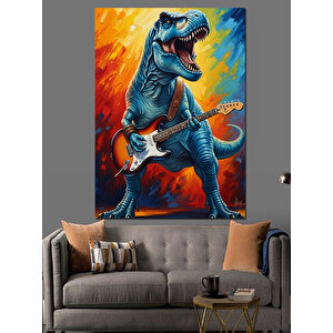 Gitar Çalan Mavi Dinozor Dekoratif Kanvas - Mdf Ahşap Tablo 70x100 cm