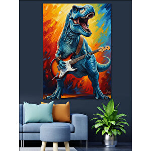 Gitar Çalan Mavi Dinozor Dekoratif Kanvas - Mdf Ahşap Tablo 70x100 cm