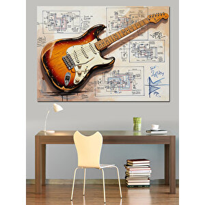 Eskiz Fonlu Vintage Gitar Dekoratif Kanvas - Mdf Ahşap Tablo 70x100 cm