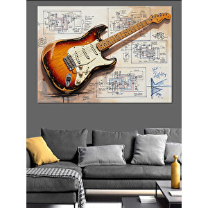 Eskiz Fonlu Vintage Gitar Dekoratif Kanvas - Mdf Ahşap Tablo 70x100 cm