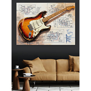 Eskiz Fonlu Vintage Gitar Dekoratif Kanvas - Mdf Ahşap Tablo 70x100 cm
