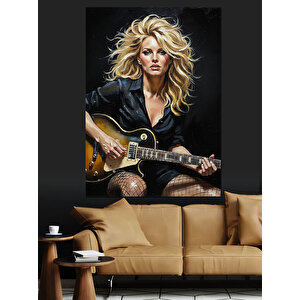 Gitar Çalan Rockçı Kadın Dekoratif Kanvas - Mdf Ahşap Tablo 25x35 cm
