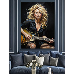 Gitar Çalan Rockçı Kadın Dekoratif Kanvas - Mdf Ahşap Tablo 25x35 cm