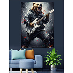 Elektro Gitar Çalan Ayı Dekoratif Kanvas - Mdf Ahşap Tablo 50x70 cm