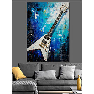 Mavi Arkaplan Elektro Gitar Dekoratif Kanvas - Mdf Ahşap Tablo 70x100 cm