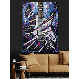 Renkli Elektro Gitar Çizimi Dekoratif Kanvas - Mdf Ahşap Tablo 100x140 cm