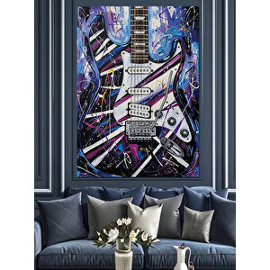 Renkli Elektro Gitar Çizimi Dekoratif Kanvas - Mdf Ahşap Tablo 100x140 cm