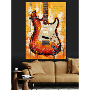 Kırmızı Gitar Alev Desenleri Dekoratif Kanvas - Mdf Ahşap Tablo 100x140 cm