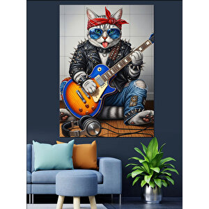 Gitar Çalan Havalı Kedi Dekoratif Kanvas - Mdf Ahşap Tablo 100x140 cm