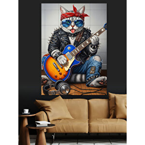 Gitar Çalan Havalı Kedi Dekoratif Kanvas - Mdf Ahşap Tablo 100x140 cm