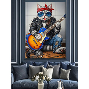 Gitar Çalan Havalı Kedi Dekoratif Kanvas - Mdf Ahşap Tablo 100x140 cm