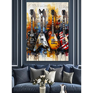 Renkli Dört Gitar Tablosu Dekoratif Kanvas - Mdf Ahşap Tablo 100x140 cm