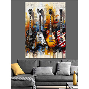 Renkli Dört Gitar Tablosu Dekoratif Kanvas - Mdf Ahşap Tablo 35x50 cm