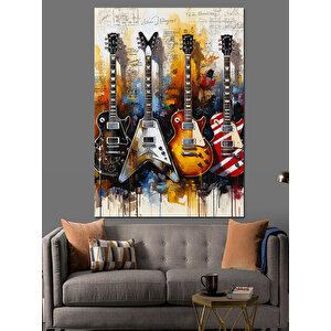 Renkli Dört Gitar Tablosu Dekoratif Kanvas - Mdf Ahşap Tablo 35x50 cm