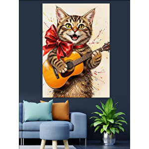 Gitar Çalan Kedi Müzisyen Dekoratif Kanvas - Mdf Ahşap Tablo 50x70 cm