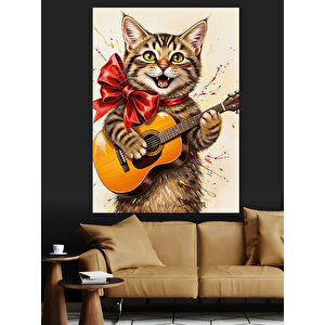 Gitar Çalan Kedi Müzisyen Dekoratif Kanvas - Mdf Ahşap Tablo 50x70 cm