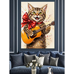Gitar Çalan Kedi Müzisyen Dekoratif Kanvas - Mdf Ahşap Tablo 50x70 cm