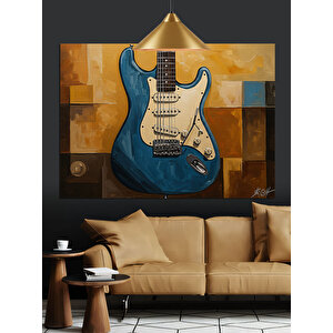 Mavi Elektro Gitar Çizimi Dekoratif Kanvas - Mdf Ahşap Tablo 70x100 cm