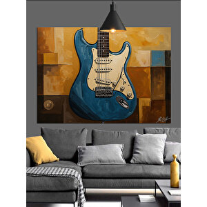 Mavi Elektro Gitar Çizimi Dekoratif Kanvas - Mdf Ahşap Tablo 70x100 cm