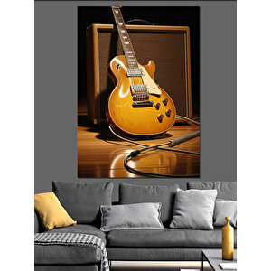 Altın Renkli Elektro Gitar Dekoratif Kanvas - Mdf Ahşap Tablo 35x50 cm