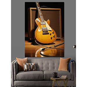 Altın Renkli Elektro Gitar Dekoratif Kanvas - Mdf Ahşap Tablo 35x50 cm