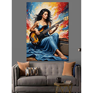 Gitar Çalan Kadın Müzisyen Dekoratif Kanvas - Mdf Ahşap Tablo 100x140 cm