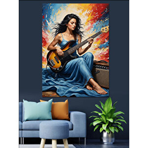 Gitar Çalan Kadın Müzisyen Dekoratif Kanvas - Mdf Ahşap Tablo 100x140 cm