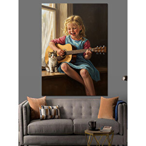 Gitar Çalan Kız Çocuk Dekoratif Kanvas - Mdf Ahşap Tablo 100x140 cm
