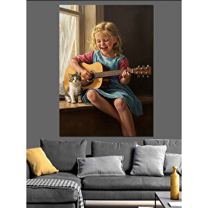 Gitar Çalan Kız Çocuk Dekoratif Kanvas - Mdf Ahşap Tablo 100x140 cm
